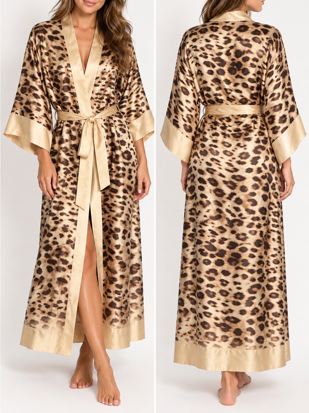 Soma Leopard Print Satin Long Robe L/XL – Gold Trim & Matching Belt